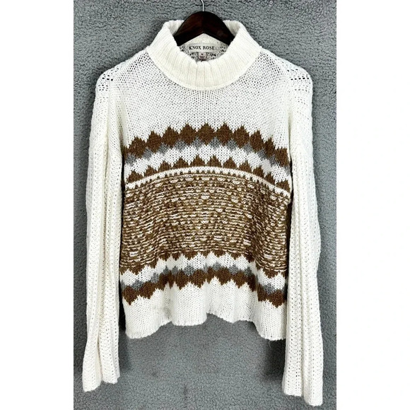 Knox Rose Sweater Womens Medium Ivory Open Knit Mock Neck Fair‎ Isle Nordic Boho - Picture 1 of 6